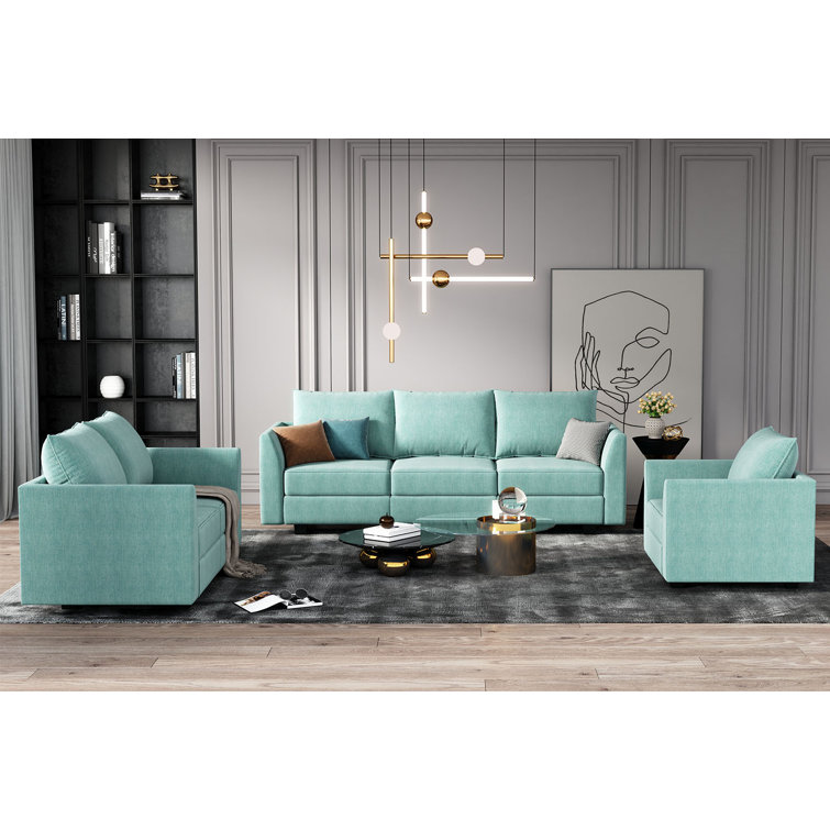 Aqua Blue Polyester Blend 3-Piece Modular Sofa Set