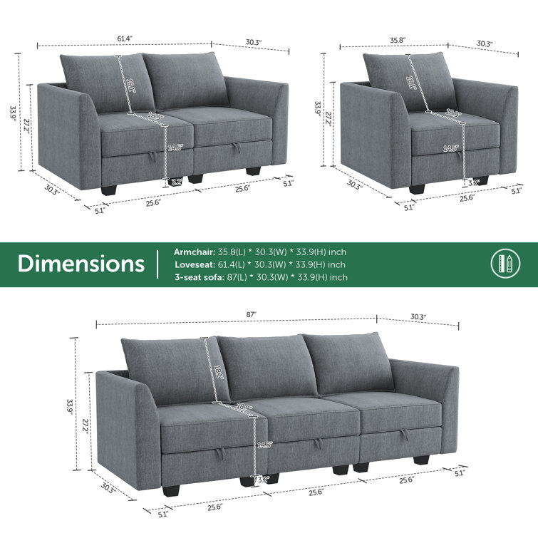 Bluish Gray Fabric 3-Piece Sofa Set with Storage and Removable Cushions