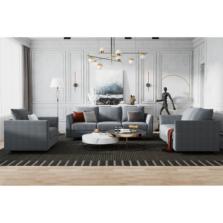 Bluish Gray Fabric 3-Piece Sofa Set with Storage and Removable Cushions