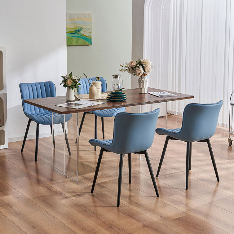 Blue Faux Leather Upholstered Side Chairs with Metal Legs, Set of 2