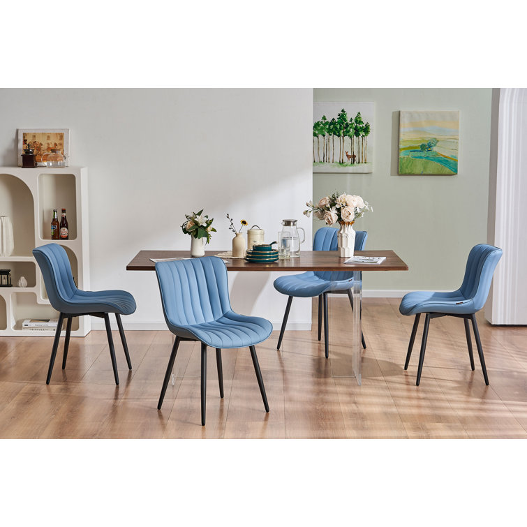 Blue Faux Leather Upholstered Side Chairs with Metal Legs, Set of 2