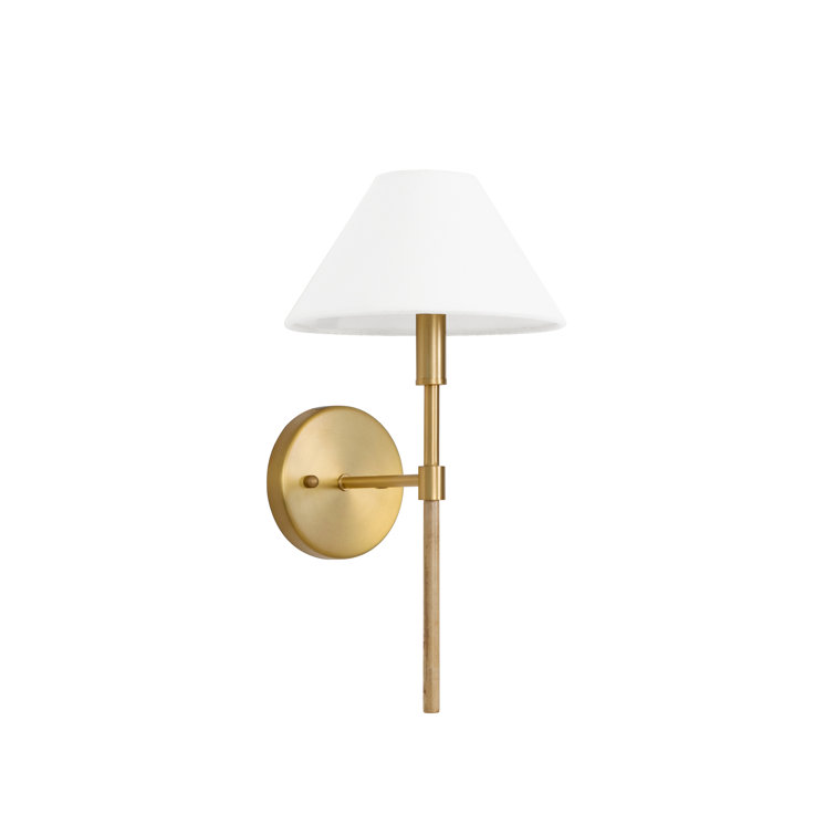 Brushed Brass and Burl Wood Sconce with White Linen Shade