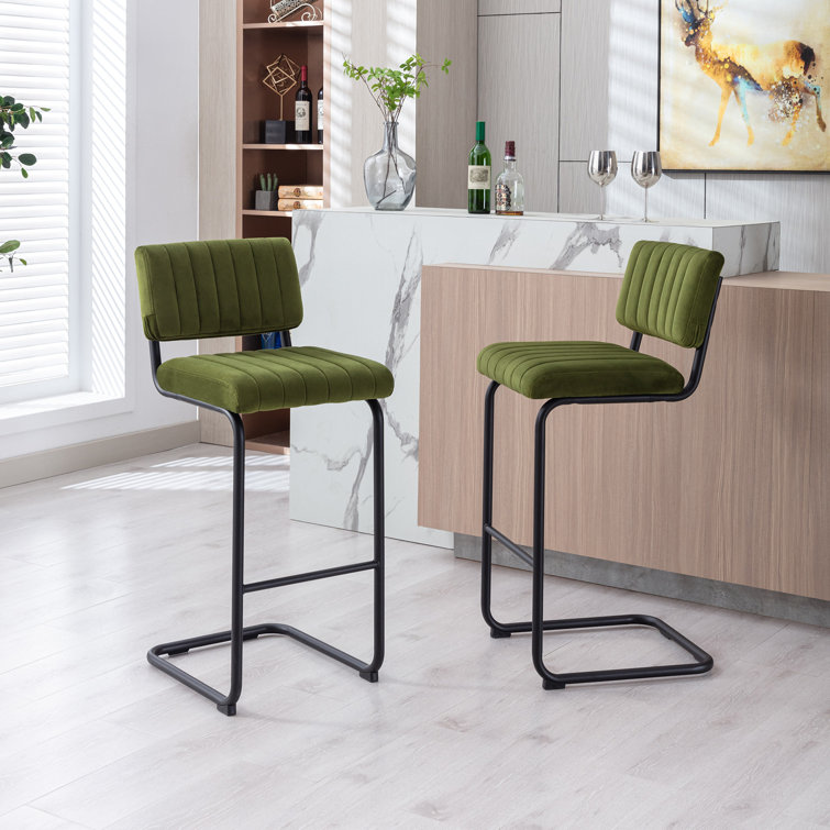 Olive Green Velvet Upholstered Bar Stools with Steel Frame, Set of 2