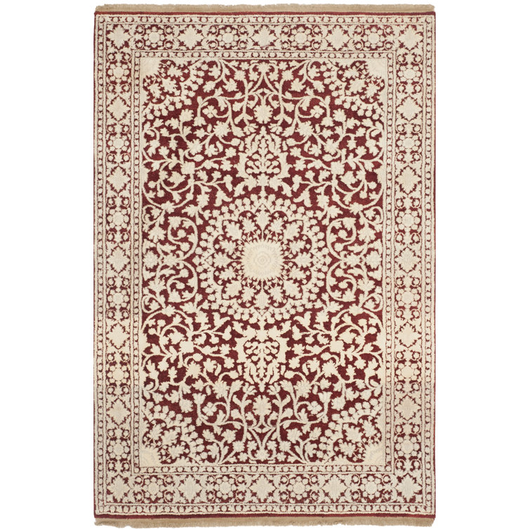 Hand-Knotted Red and Ivory Wool 4' x 6' Rug