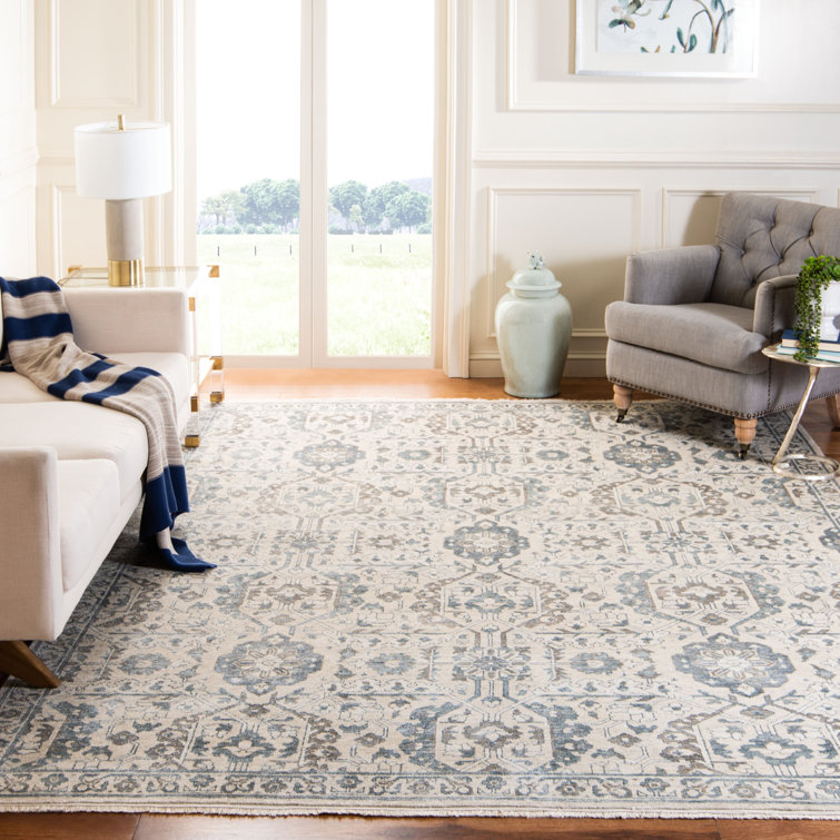 Beige and Blue Hand-Knotted Wool Viscose 8' x 10' Rug