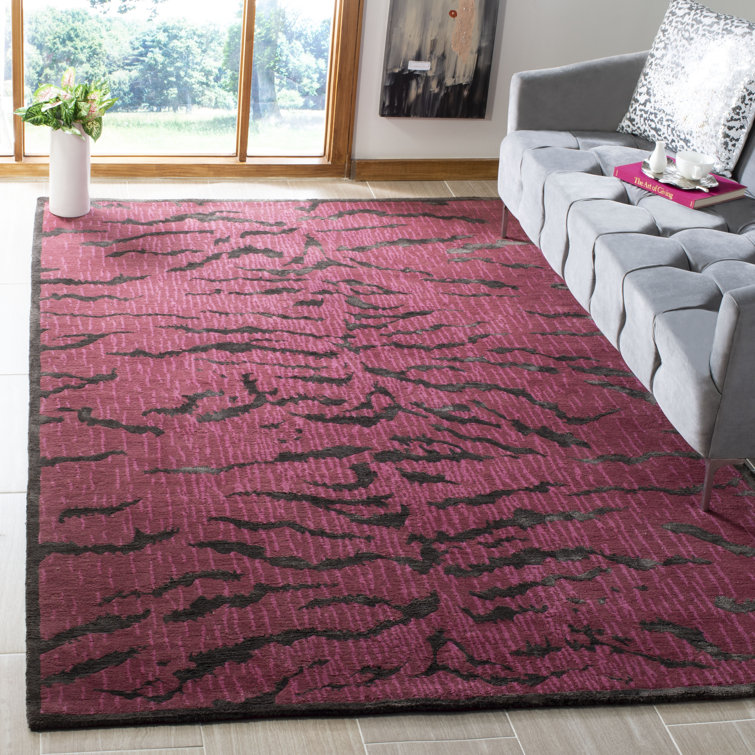 Hand-Knotted Raspberry and Coffee Wool Silk Rug, 6' x 9'