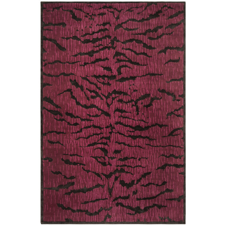 Hand-Knotted Raspberry and Coffee Wool Silk Rug, 6' x 9'