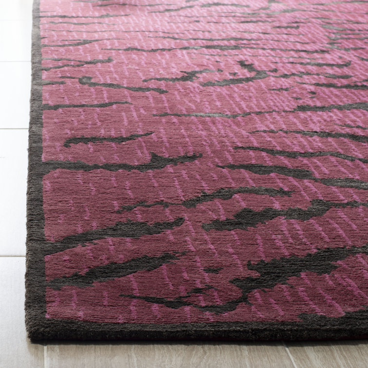 Hand-Knotted Raspberry and Coffee Wool Silk Rug, 6' x 9'