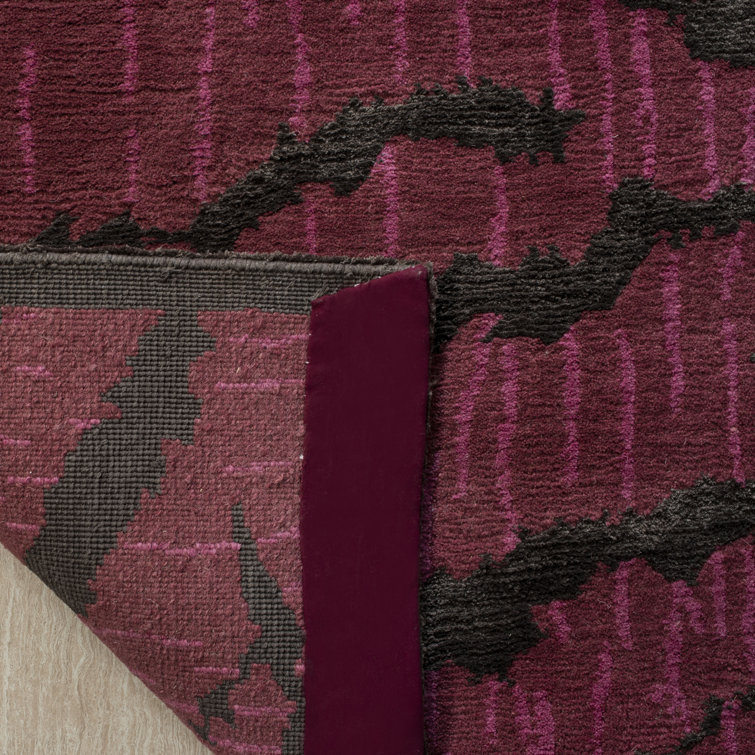 Hand-Knotted Raspberry and Coffee Wool Silk Rug, 6' x 9'