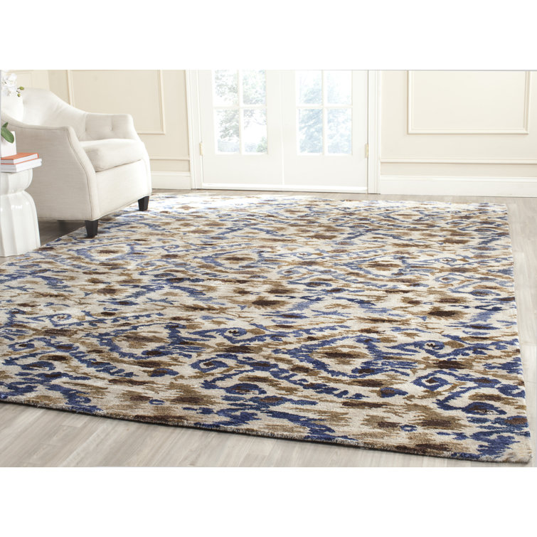 Luxor Blue and Beige Hand-Knotted Silk Geometric Rug