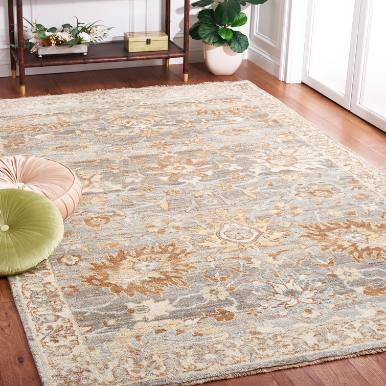Ivory and Grey Hand-Knotted Wool 10' x 14' Rectangular Rug