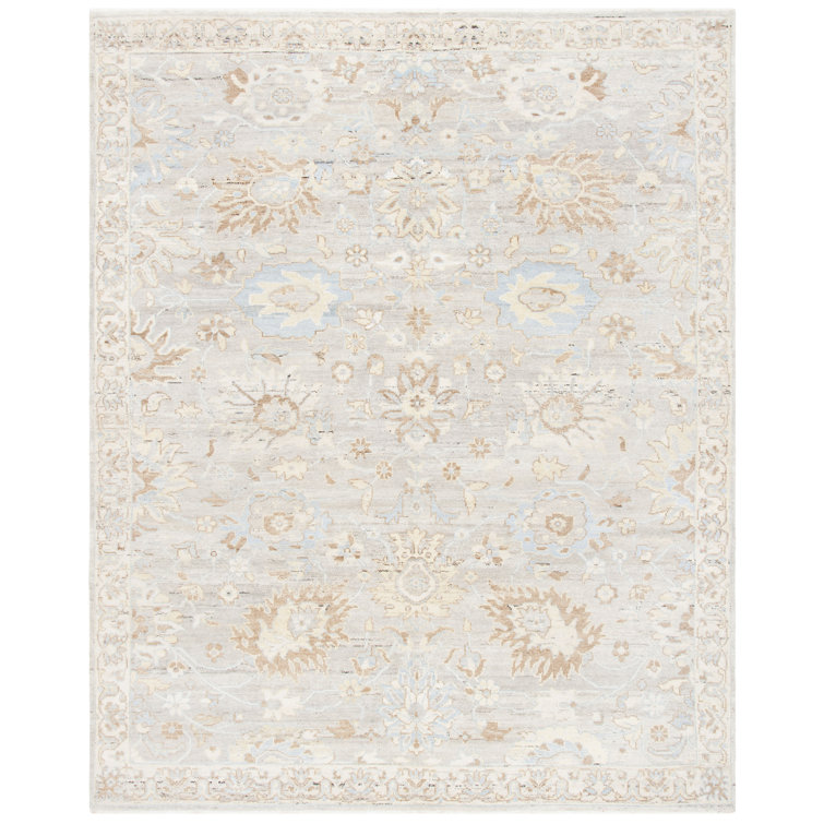 Ivory and Grey Hand-Knotted Wool 10' x 14' Rectangular Rug