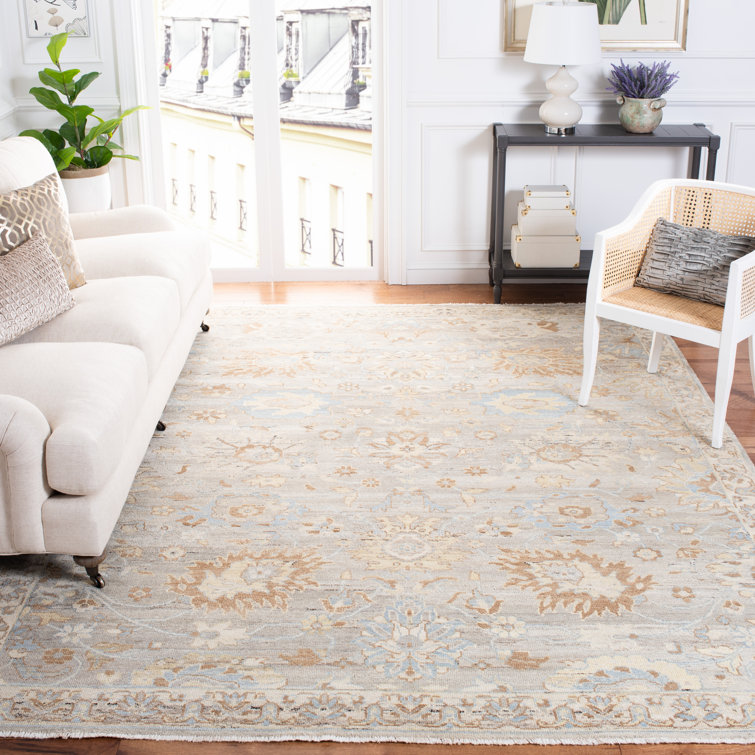 Ivory and Grey Hand-Knotted Wool 10' x 14' Rectangular Rug