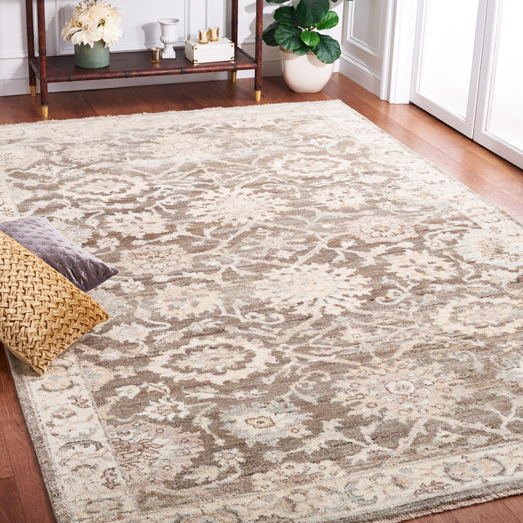 Ivory and Gray Hand-Knotted Wool Rectangular Rug, 10' x 14'