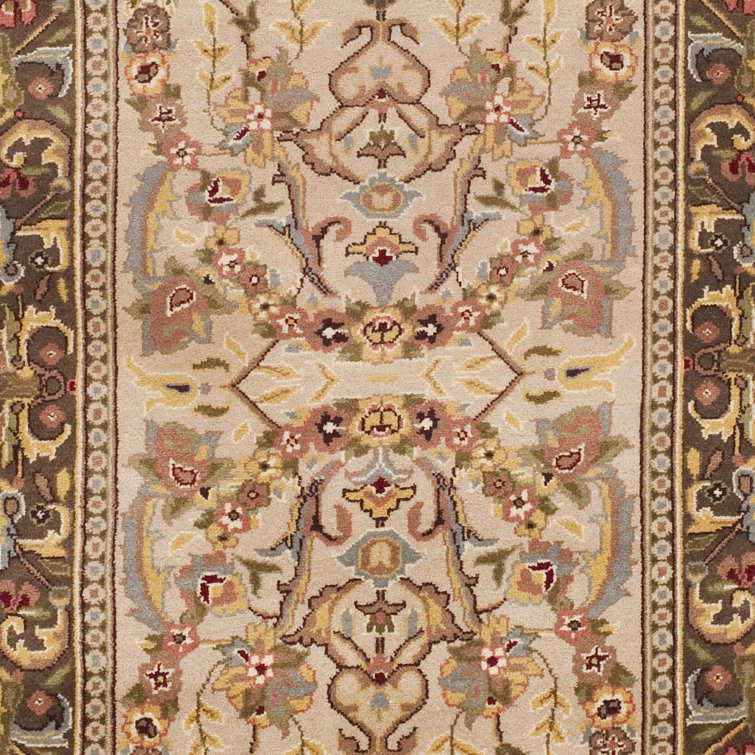 Beige and Tan Floral Hand-Knotted Wool Runner Rug