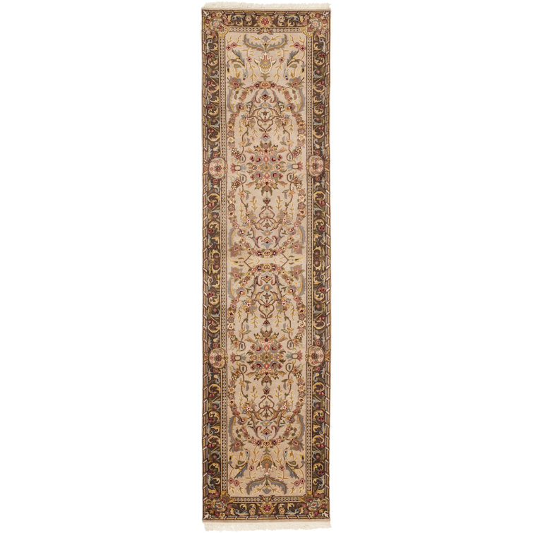Beige and Tan Floral Hand-Knotted Wool Runner Rug