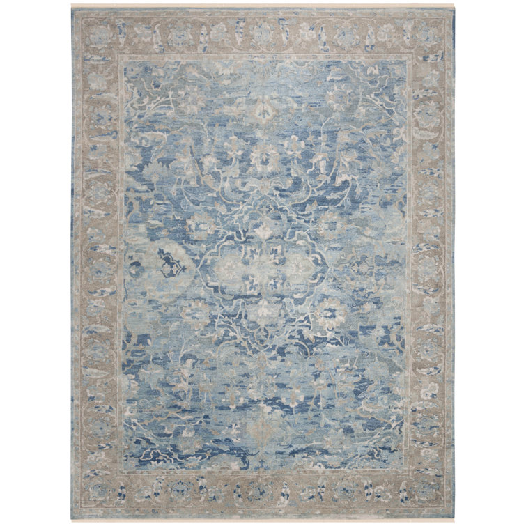 Hand-Knotted Blue Wool and Cotton 6' x 9' Rug