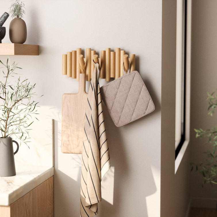 Beveled Pine Wood Wall Art with 5 Flip-Down Hooks