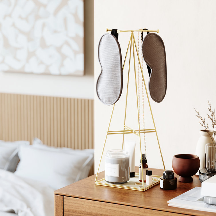 Matte Brass Steel Pyramid Jewelry Stand with Linen Base