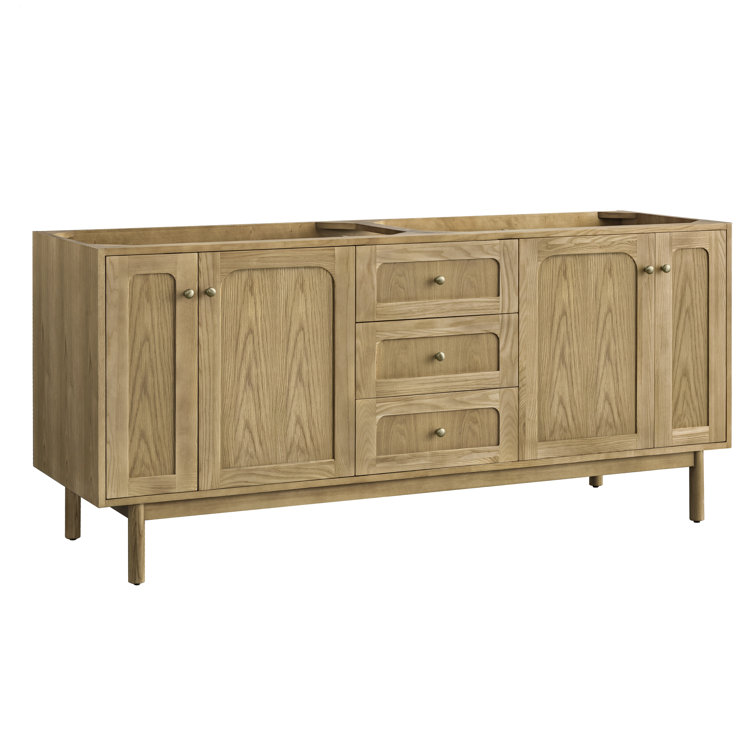 Laurent 72" Light Natural Oak Double Vanity Base with Brass Knobs