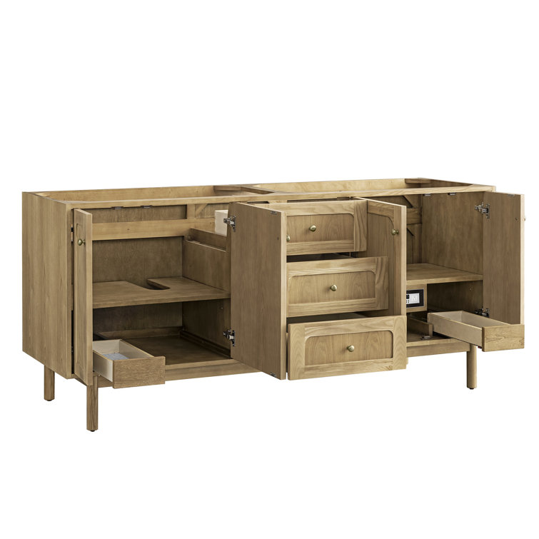 Laurent 72" Light Natural Oak Double Vanity Base with Brass Knobs