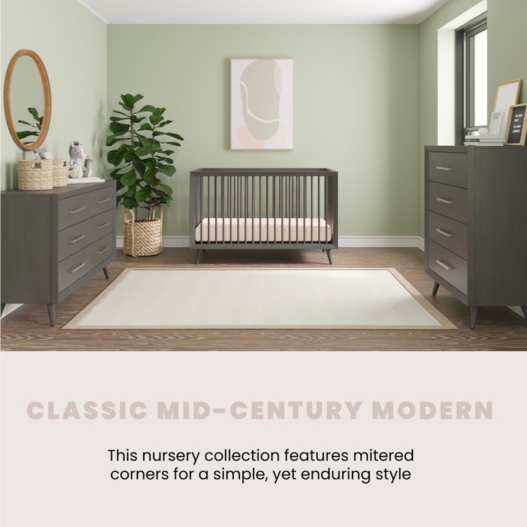 Lunar Gray Pine Wood Mid-Century Modern Convertible Crib