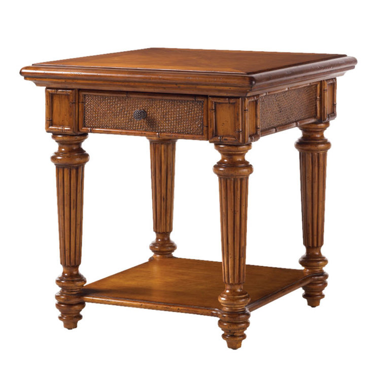 Traditional Brown Wood and Rattan Square End Table with Drawer