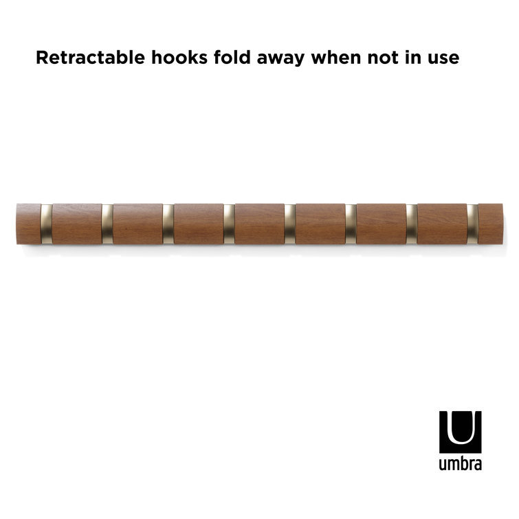 Walnut Wall Mounted Coat Rack with 8 Retractable Hooks