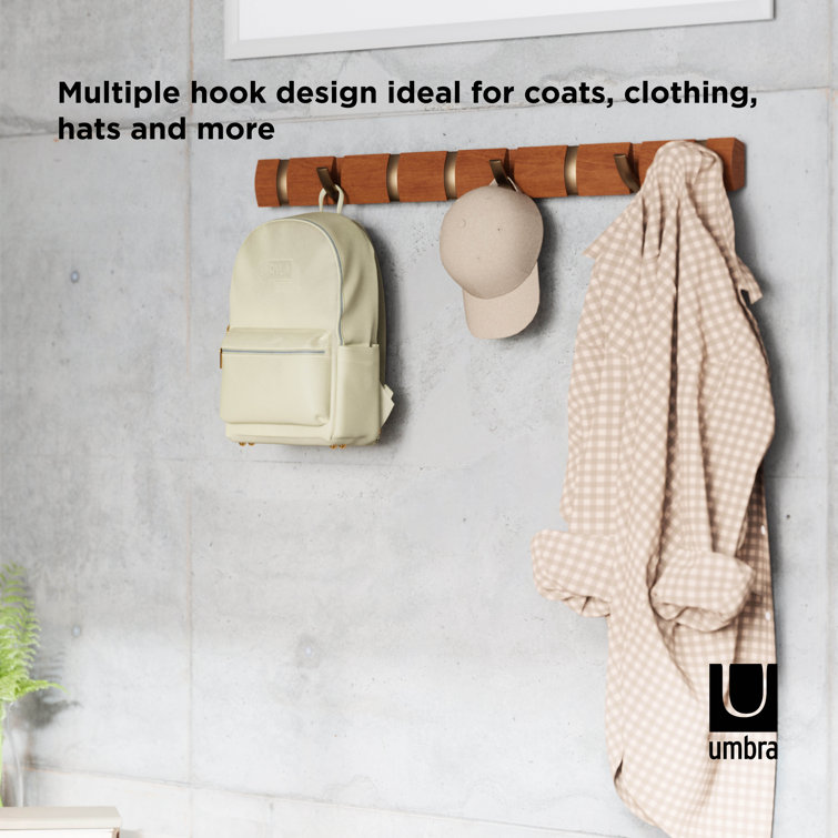 Walnut Wall Mounted Coat Rack with 8 Retractable Hooks