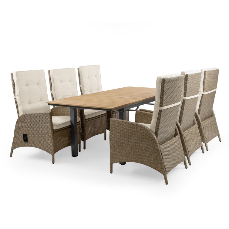 84" Teak and Rattan Outdoor Dining Set with Beige Cushions