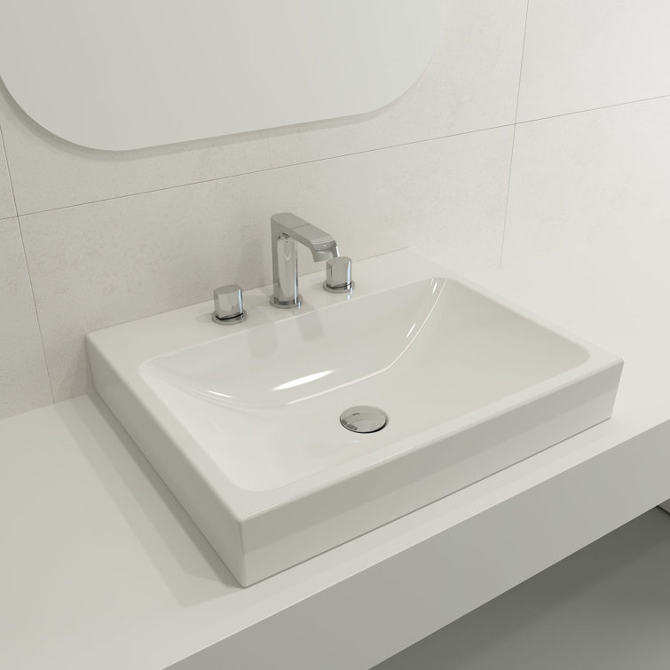 Modern White Ceramic Wall-Mount Rectangular Bathroom Sink