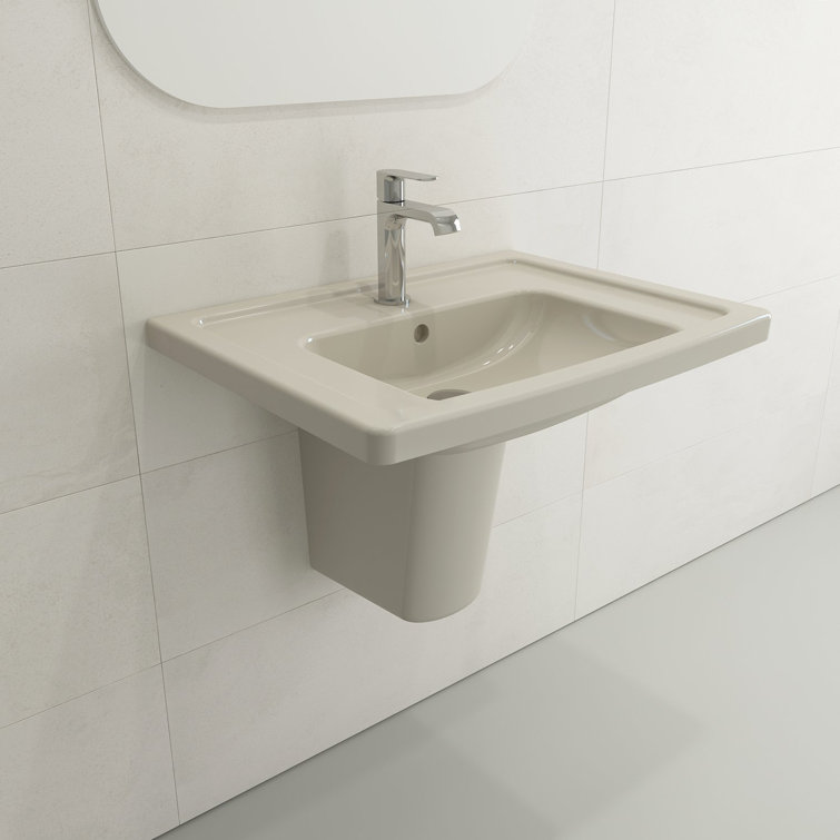 Biscuit Ceramic Wall-Mount Rectangular Bathroom Sink with Overflow