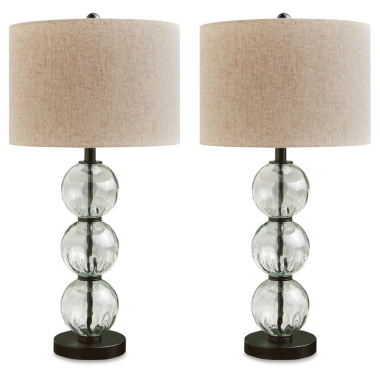 Black Glass and Metal Table Lamp Set with Drum Shade