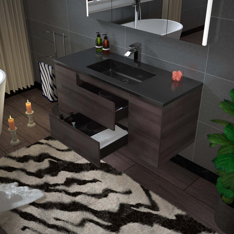 47" Gray Oak Wall-Mounted Floating Vanity with White Resin Top