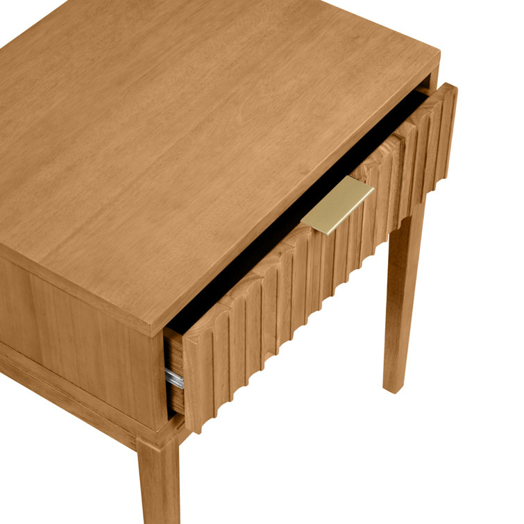 Natural Brown Fluted Wood Nightstand Set with Brass Handles