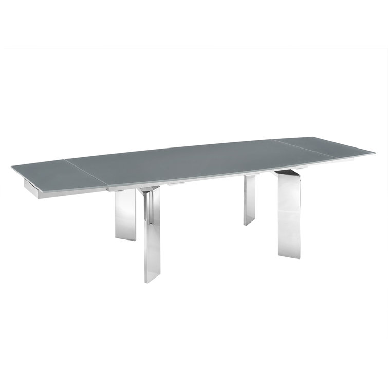 Astor Transitional Extendable Glass Dining Table in Gray and Silver