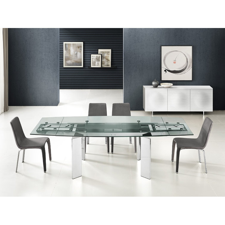 Astor Extendable Glass Dining Table with Silver Stainless Steel Base