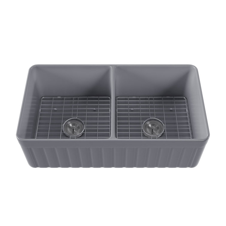 Gray Fireclay Double Bowl Farmhouse Kitchen Sink with Grid and Strainer