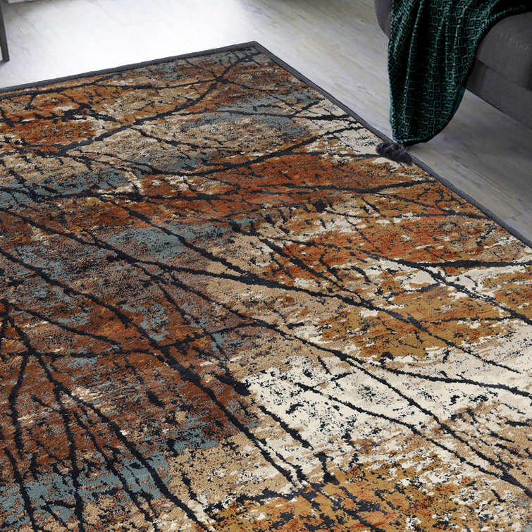 Modern Abstract Distressed Cracks Blue-Cream Area Rug, 5'x8'