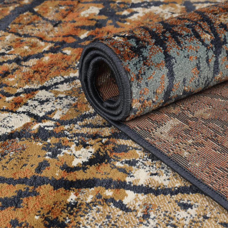 Modern Abstract Distressed Cracks Blue-Cream Area Rug, 5'x8'