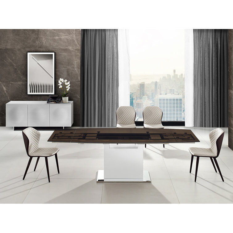 Olivia Extendable Glass-Top Dining Table with White Lacquer Base