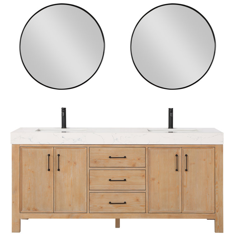 Leon 72" Fir Wood Brown Double Vanity with White Composite Top and Mirrors