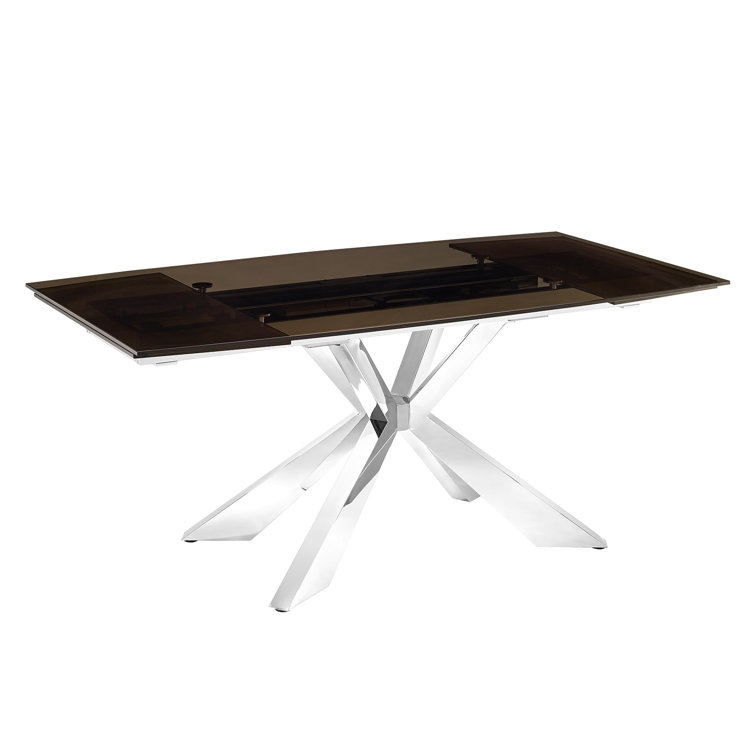 Elegant Extendable Smoked Glass Dining Table with Polished Stainless Steel Base