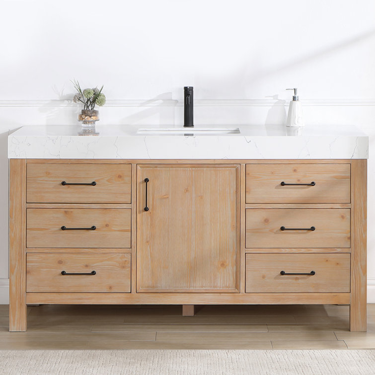 Leon 60" Fir Wood Brown Bathroom Vanity with White Composite Top