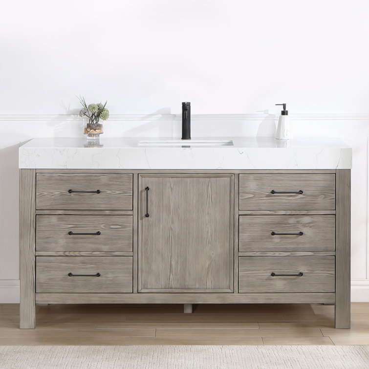 Leon 60" Fir Wood Brown Bathroom Vanity with White Composite Top