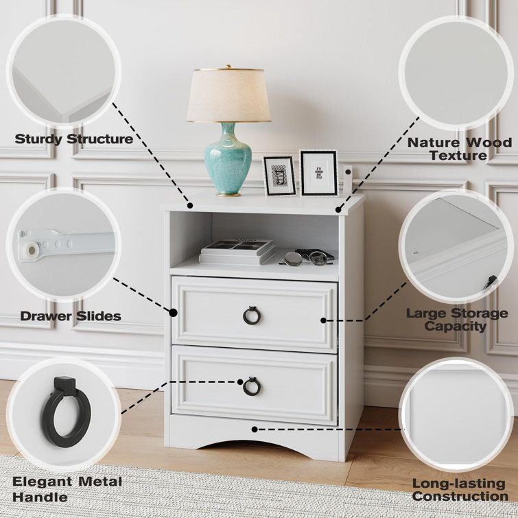 White Particle Board 2-Drawer Nightstand Set with Black Handles