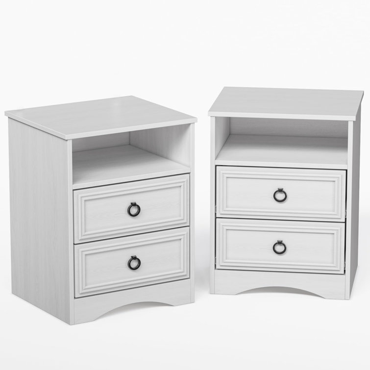 White Particle Board 2-Drawer Nightstand Set with Black Handles