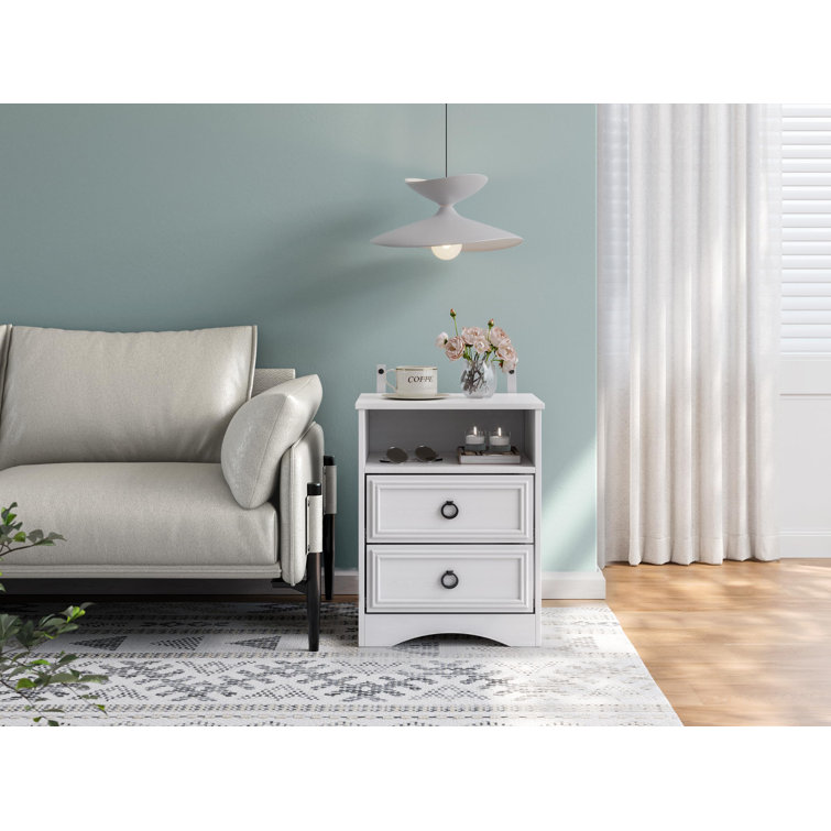 White Particle Board 2-Drawer Nightstand Set with Black Handles