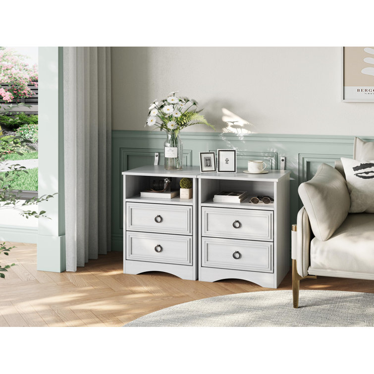 White Particle Board 2-Drawer Nightstand Set with Black Handles
