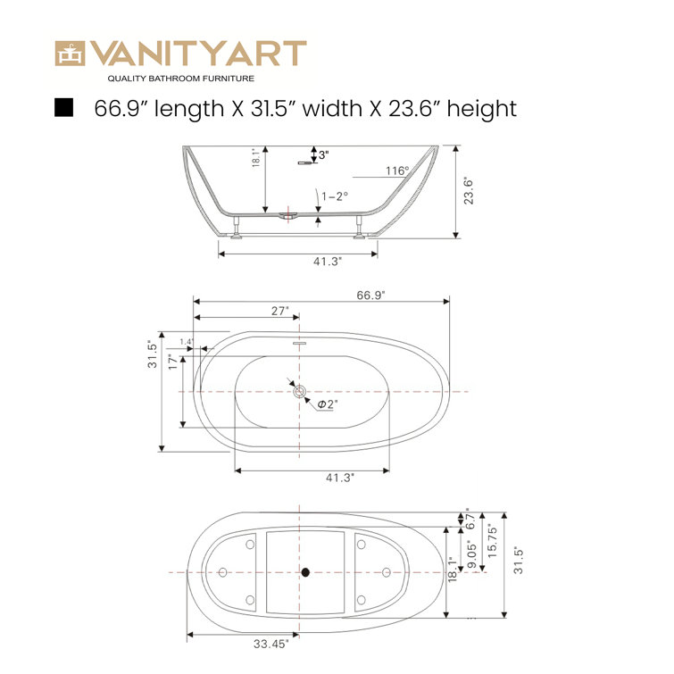 White and Titanium Gold Acrylic Freestanding Soaking Bathtub